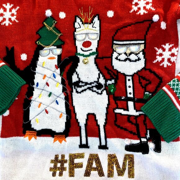 Planet Gold Ugly Christmas Sweater  #FAM Bells Sequins Chain- Size Small - Picture 5 of 8